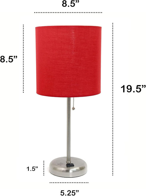 19.5" Oslo Contemporary Bedside Power Outlet Base Standard Metal Table Desk Lamp in Brushed Steel with Red Drum Fabric