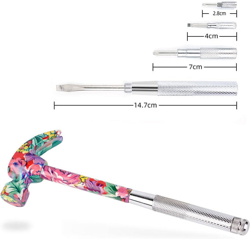 YOUMI 6 in 1 Multifunctional Floral Hammer & Screwdriver Tool Set, Claw Hammer with Phillips Screwdriver (Pink)