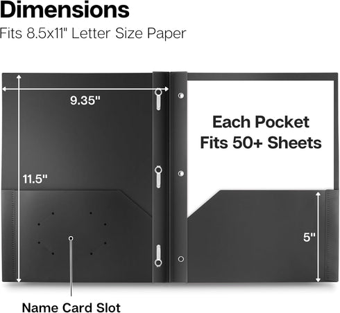 Dunwell Plastic Folders with 3 Prongs, 2 Pack, Black, 2-Pocket Folders with Fasteners, Durable Acid-Free Poly for Long
