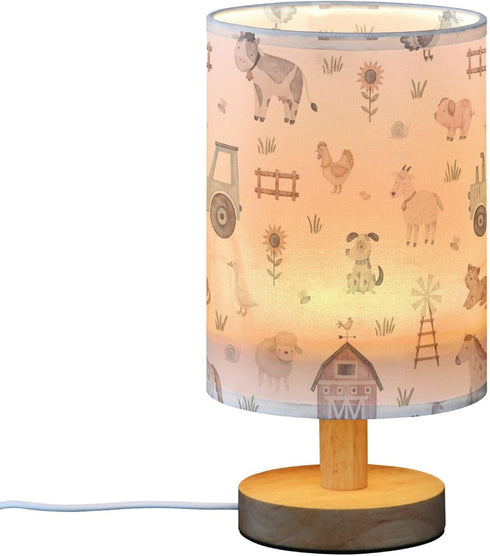 YYZZH Farm Animal House Car Windmill Cow Sheep Pig Horse Dog Cat Goose Hen Table Lamp with Wood Base Fabric Lamp Shade