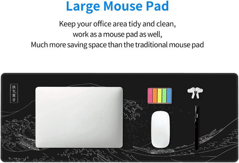 Japanese Gaming Mouse Pad - Black Kanagawa Large Non-Slip Rubber Base Waterproof Mousepad for Gaming, 31.5x11.8 Inch