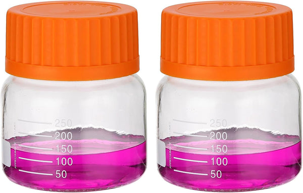 PATIKIL 2 Pack Reagent Media Storage Bottles, 250ml Borosilicate Glass Wide Mouth Graduated Round Bottles, Orange GL32