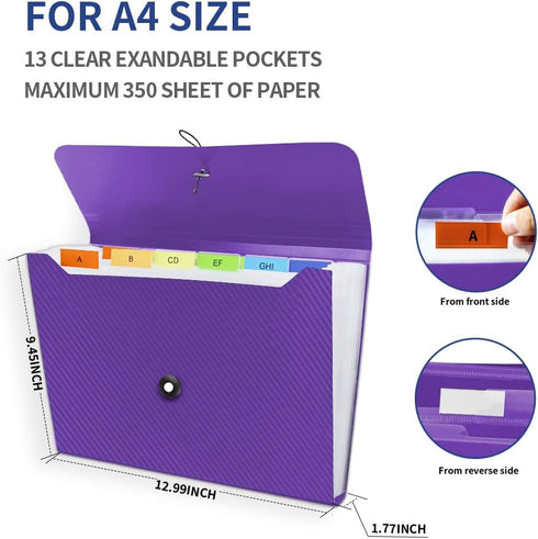 Expanding File Folder, 13 Pockets Accordion File Holder Organizer for A4 Letter Size Paper, Document Receipt Organizer