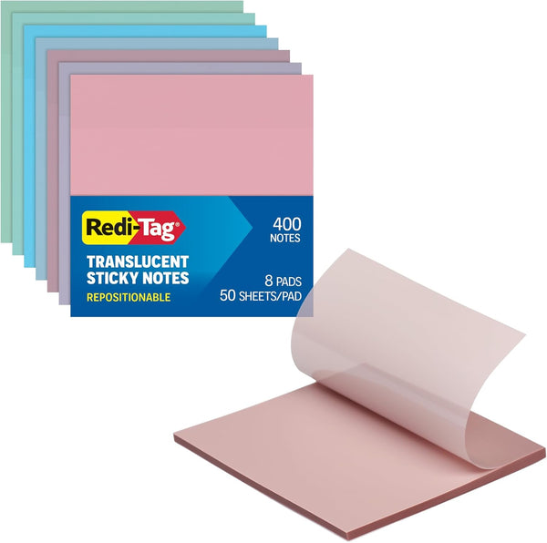 Redi-Tag Translucent Sticky Notes, 3" x 3", 8 Pads, 50 Notes Per Pad, Pastel Colors, 400 Sheets (1006595)