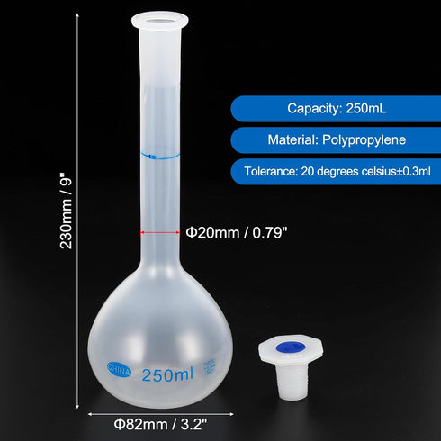 PATIKIL 250ml Volumetric Flask, Polypropylene Graduated Volumetric Measuring Flask with Plug Cap Tolerance 0.3ml for Laboratory Science Experiment, Translucent