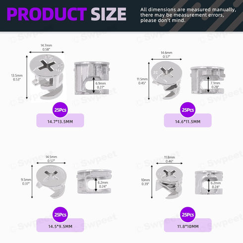 Swpeet 100Pcs 4 Sizes 3 in 1 Furniture Connecting Cam Lock Fittings Assortment Kit, Fastener Cabinet Connectors Hardware Bolts Furniture Connecting Lock Nut for Closets Bed Furniture Connecting