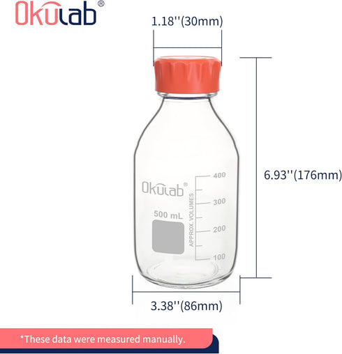 6pcs of 500ml Round Media Storage Bottles - Borosilicate Glass with GL45 Screw Caps for Safe Storage.