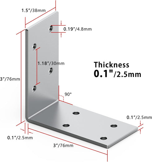 Yuleimy 15 12-ga 3"x3" 90 Pcs L Brackets Heavy Duty Angle Fastener Angle Iron Galvanized L Shape Corner Brace Large