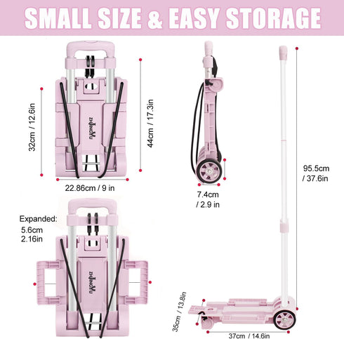 2 Backpack Folding Dolly Pink Hand Cart,Folding Hand Truck Aluminum Trolley,Small Dolly, Foldable Hand Cart Wheel
