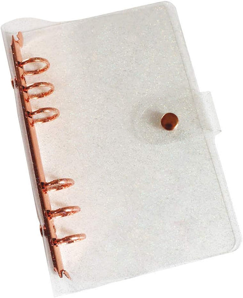Personal A6 Glitter PVC Binder Cover, Clear Soft PVC Notebook Shell, 6 Rose Gold Round Rings