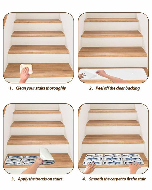 BOHOOSKYLAR 4 8"x30" Marine Life Stair Treads Retro Blue Tuna Oil Painting Wood Texture Indoor Non Slip Peel and Stick