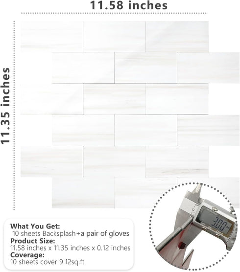 10-Sheet Seamless STICKGOO Subway Tile Peel and Stick Wall Tiles, Design Polished Dolomite Kitchen Backsplash, PVC