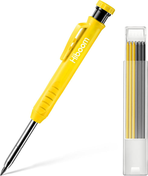 Hiboom Solid Carpenter Pencil Set with 7 Refills, Built-in Sharpener for Woodworking, Design Patent (Yellow)
