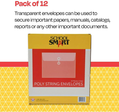 School Smart Expanding Poly String Envelopes, Letter Size, Clear, Side Load, Pack of 12