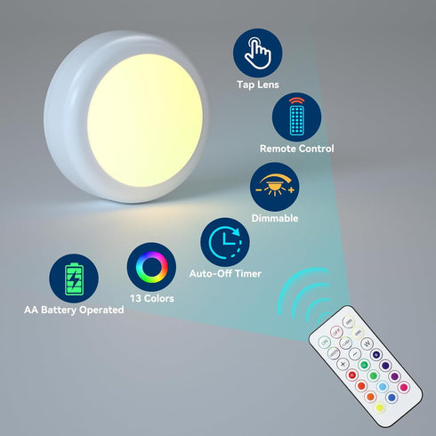 BESTDLCLITE Closet Counter Kitchen,2 Pack LED Puck Lights with Remote Control, Under Cabinet Lighting Stick on Tap/Push