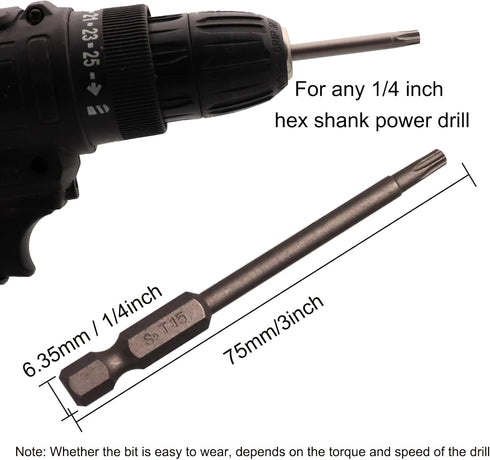 10Pcs Magnetic Torx Head Screw Driver Bits, 75mm/3inch Long, 1/4inch Hex Shank Security Tamper Proof (T15)