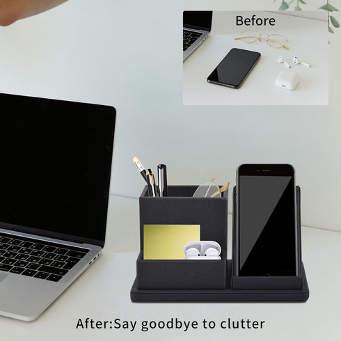 Black Pu Leather Desk Pen/Pencil Organizer with 3 Compartments, Multi-Function Storage Box for Office Supplies