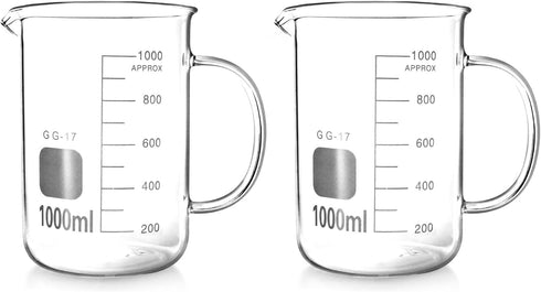 QWORK Beaker with Handle, 1000ml/33.81oz Measuring Cup, Borosilicate Glass, 2 Pack
