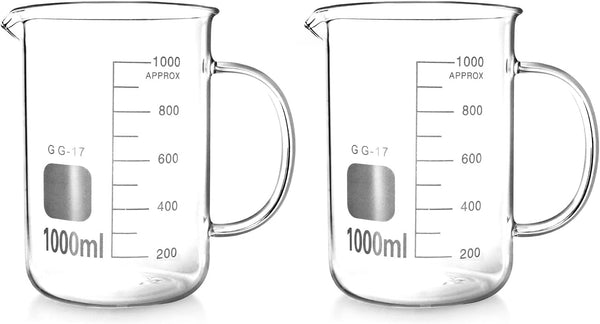 QWORK Beaker with Handle, 1000ml/33.81oz Measuring Cup, Borosilicate Glass, 2 Pack