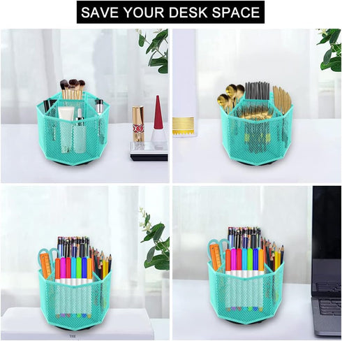 Rotating Pencil Holder, 360 Degree Pen Caddy with 5 Compartments, Mesh Desktop Organizer for Home and Office