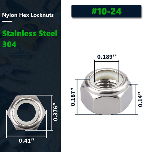 #10-24 inch Nylon Insert Hex Lock Nuts (50 Pack), 304 Stainless Steel (18-8), Corrosion-Resistant Hex Lock Nuts with