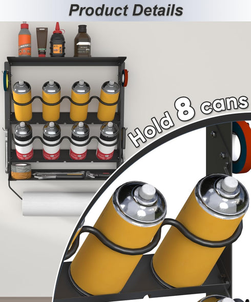 8 2 Spray Paint Can Holder with Paper Towel Holder for Home Garage Organizer, Wall Mount Paint Bottle Tool Utility