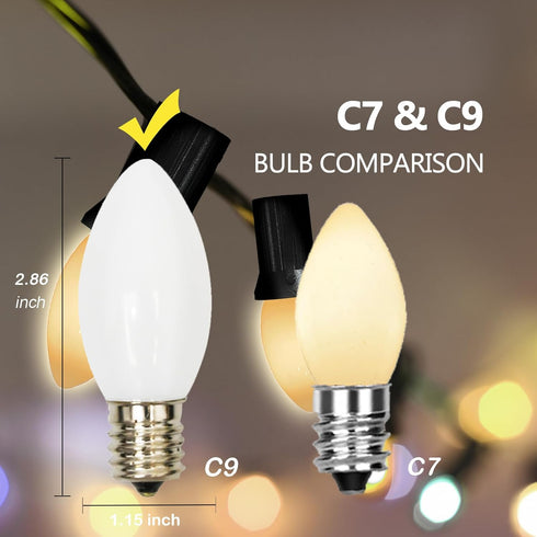 White Christmas Light Replacement Bulbs, 25 Pack Warm White LED C9/E17 Base Shatterproof, 0.6W Indoor/Outdoor