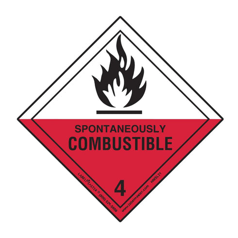 Labelmaster HMSL210 Spontaneously Combustible Worded Label, PVCFF, Hazmat, 4" x 4", Pack of 500