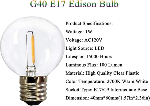 G40 Globe Replacement Bulbs C9/E17 Intermediate Base - 1W G40 Shatterproof LED Filament Warm White (15 Pack)