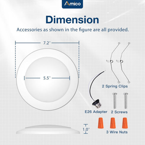 6 Pack 5/6 Inch Dimmable 2700K/3000K/4000K/5000K/6000K 15W=110W, 1100LM, Amico LED Disk Lights, Flush Mount