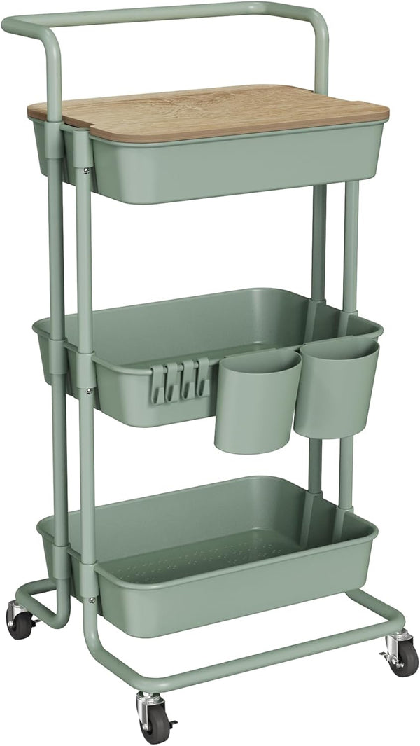DTK 3 Tier Utility Rolling Cart with Cover Board, Turquoise, Rolling Storage Cart with Locking Wheels, 2 Small Baskets