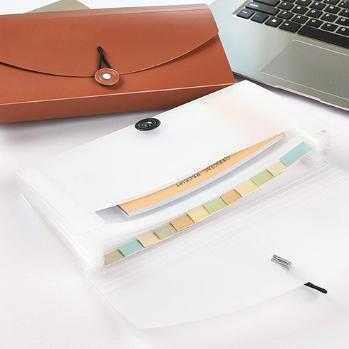 Oak-Pine 13 Pocket Accordion File Organizer, Plastic Check Bill Expanding Document Folder (White Translucent)