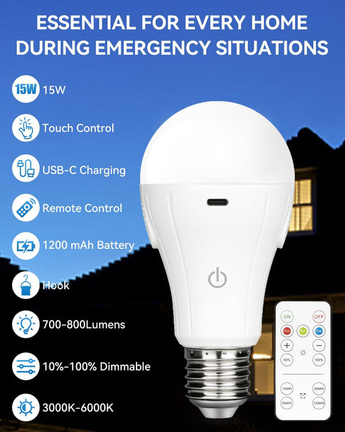 WirelessGlow Rechargeable Light Bulbs with Remote, 3 Color Temperatures, Dimmable Battery Operated, A19, 2 Pack