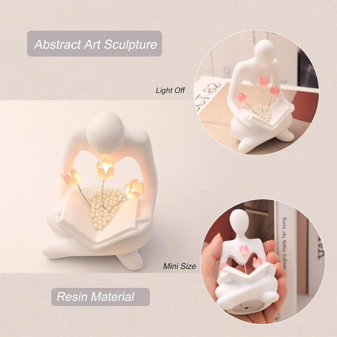 ITOWNKN Reading Sculptures Tulip Lamp,Thinker Statue Figurine Battery Powered Night Light,Modern Abstract Home