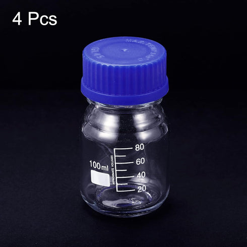 PATIKIL 100mL Reagent Media Bottle, 4Pcs Round Graduated Glass Storage Bottle with Blue Screw Cap for Chemistry Lab