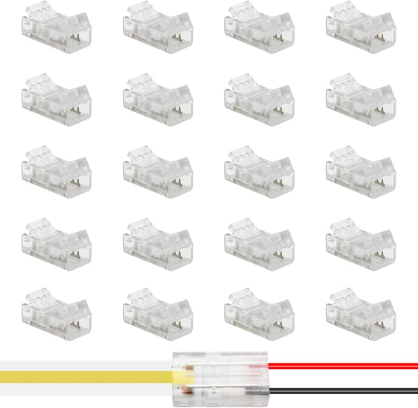 20Pcs 8mm Connectors Kit for 2-Pin COB LED Strip, Solderless Extension Connectors for 5V/9V/12V/24V Single Color Lights