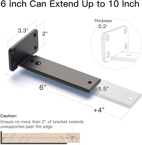6/8/10 Inch 4 Pack ,1/5'' LEOPO Adjustable T Shelf Brackets Extensible Thick Heavy Duty Floating Brackets, Telescoping