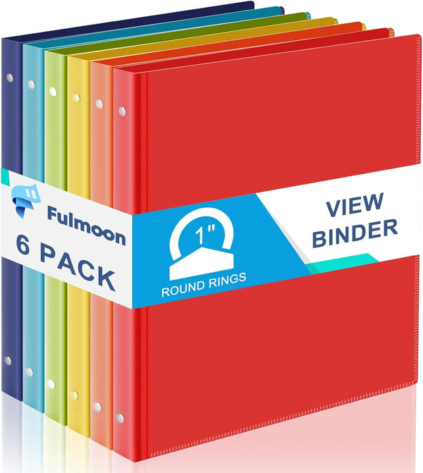 Fulmoon 6 Pack Plastic 3 Ring Binder, Assorted Colors, Economy Flexible Binder with Pocket for Office School