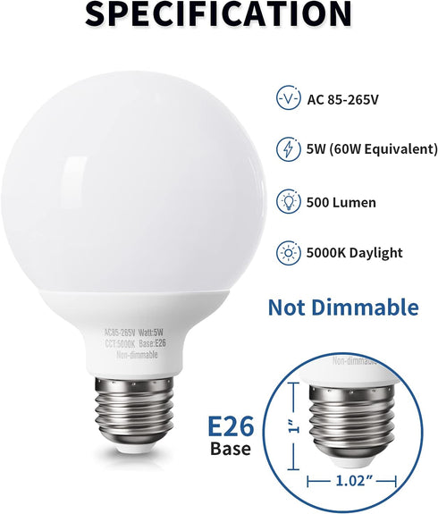8 Pack Daylight LED Globe Light Bulbs for Bathroom, 120V 60 Watt Eqv., E26 Medium Base, Non-Dimmable Vanity Light Bulbs Round, 5000K Bright G25 LED Bulb Over Mirror by Pazetiv