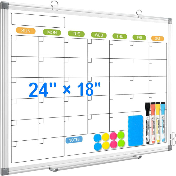 Magnetic Dry Erase Calendar Whiteboard - 24" x 18" Monthly Calendar, Wall Hanging Silver Aluminum Frame for Planning