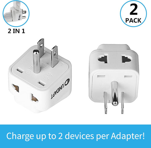 UK to US Travel Adapter, India to US Plug Adapter, Unidapt Adapters for USA, 2-pack, Plug Converter, USA travel adapter, EU to US with Dual Inputs, Universal to American Outlet Plug