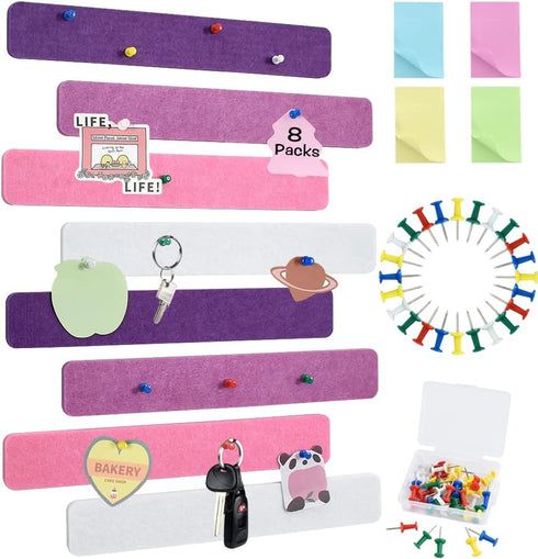 Vuzvuv 8Pcs Purple Rose Cork Board Strips with 50 Pushpins & Sticky Notes, Self-Adhesive Bulletin Board