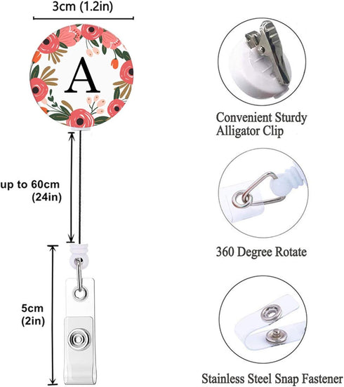 Retractable ID Card Badge Holder with Alligator Clip - Floral Wreath Letter A, Decorative Clip on Card Holders