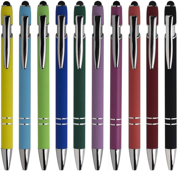 Retractable Ball Point Pens 10 Count, Assorted Color Barrel, Soft Touch Metal, Medium Point, Black Ink with Stylus Tip