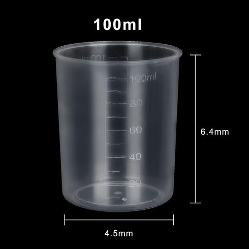 100Pcs 100ML Plastic Graduated Measuring Beaker Set, Clear Liquid Mixing Cups for Epoxy Resin, Lab Use, Tapered Spout