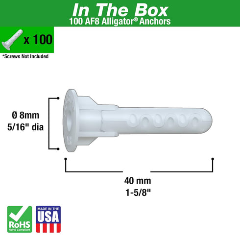 TOGGLER Alligator AF8 Flanged Anchor, Polypropylene, for #8 to #14 Fastener Sizes, Pack of 100