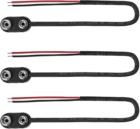 9V Battery Snap On Hard-Shell Clip Connector with Insulated Wires, 3 Pieces