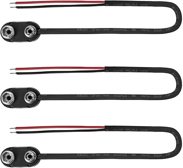 9V Battery Snap On Hard-Shell Clip Connector with Insulated Wires, 3 Pieces