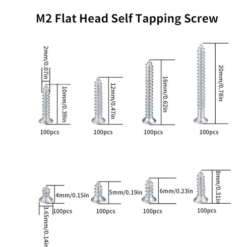 M2 Flat Head Self Tapping Screws, 800 Pcs Cross Drive Head Self Tapping Woodworking Fastener Screws, Self Drilling Screws Assortment Kit, 4/5/6/8/10/12/16/20mm