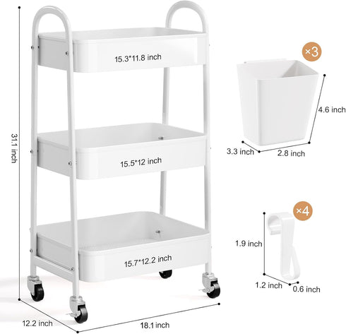 Recximi 3 Tier Heavy Duty White Metal Rolling Cart with Lockable Wheels, Three Tier Roller Book Snack Cart, Utility